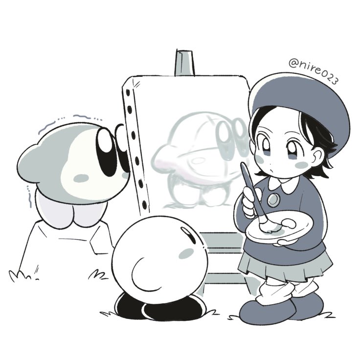 1girl, adeleine, artist_name, beret, black_eyes, black_hair, canvas_(object), hat, holding, holding_paintbrush, kirby, kirby_(series), kirby_64, ni_re, paint_palette, paintbrush, rock, simple_background, skirt, standing_on_rock, waddle_dee, white_background