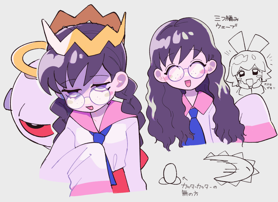 2girls, ^_^, bandaid, bandaid_on_head, black_eyes, black_hair, blue_neckerchief, blush_stickers