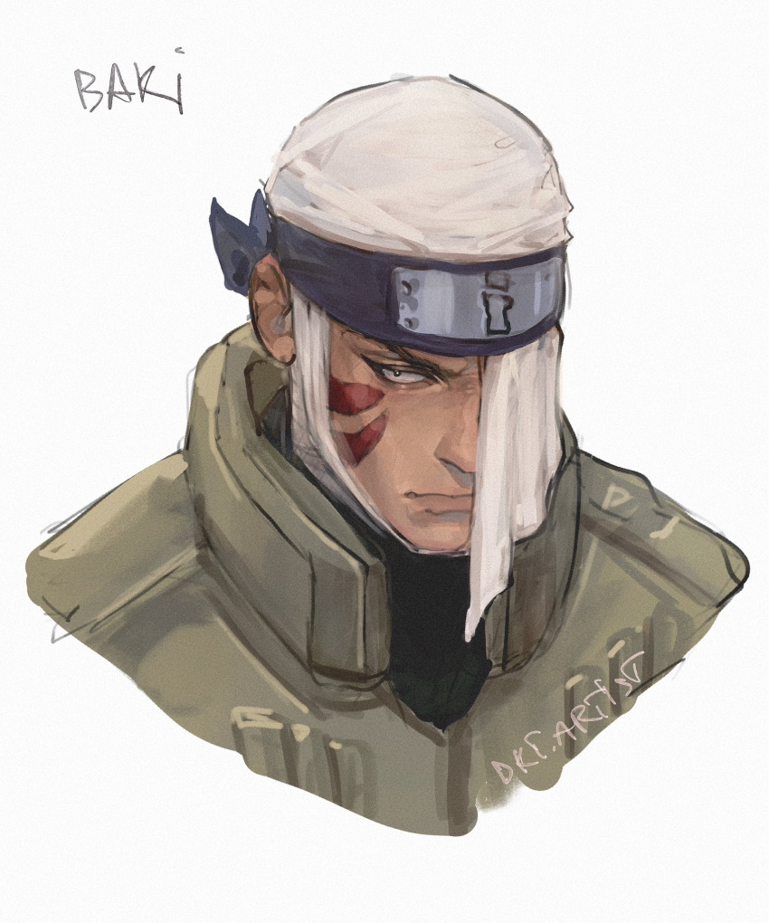 1boy, artist_name, artistdkt, baki_(naruto), character_name, closed_mouth, commentary, flak_jacket, forehead_protector, highres, jacket, looking_at_viewer, male_focus, naruto_(series), simple_background, solo, sunagakure_shinobi_uniform, sunagakure_symbol, upper_body, white_background