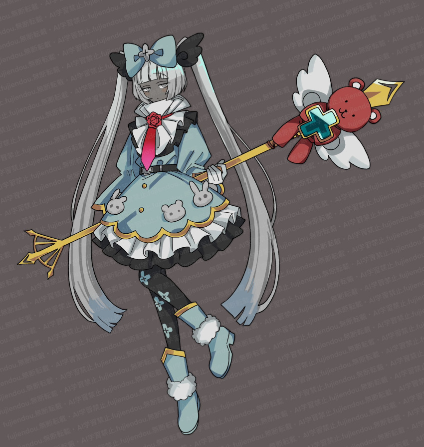 1girl, alternate_costume, black_pantyhose, blue_bow, blue_dress, blue_shoes, blunt_bangs, bow, charon_(project_moon), dark-skinned_female, dark_skin, dress, flower, fujiendou, full_body, gloves, grey_background, grey_eyes, highres, holding, holding_staff, limbus_company, long_hair, looking_at_viewer, magical_girl, necktie, pantyhose, project_moon, red_flower, red_necktie, red_rose, rose, shoes, simple_background, solo, staff, standing, twintails, very_long_hair, white_gloves, white_hair