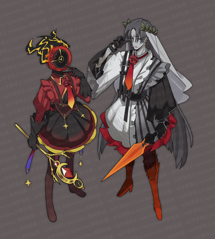 1boy, 1other, alternate_costume, black_gloves, black_skirt, boots, brown_boots, clock