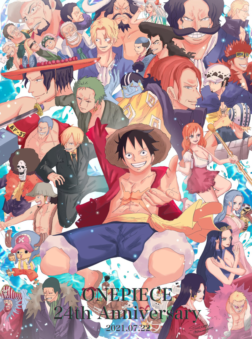5girls, 6+boys, afro, anniversary, antlers, ascot, beard, black_hair, blonde_hair, blue_hair, blue_shorts, blue_skin, boa_hancock, brook_(one_piece), brothers, buggy_the_clown, buzz_cut, cape, chest_tattoo, colored_skin, commentary_request, copyright_name, crocodile_(one_piece), cross, crossed_arms, dated, donquixote_doflamingo, earrings, eustass_kid, eyewear_on_head, facial_hair, father_and_daughter, father_and_son, feather_boa, feather_cape, franky_(one_piece), fujitora_(one_piece), glasses, going_merry, gol_d._roger, green_ascot, green_hair, green_kimono, half_updo, hat, helmeppo, highres, hockey_mask, holding, holding_polearm, holding_weapon, horns, japanese_clothes, jewelry, jinbe_(one_piece), kaidou_(one_piece), karoo_(one_piece), killer_(one_piece), kimono, kizaru_(one_piece), koby_(one_piece), kouzuki_momonosuke, kouzuki_oden, long_hair, mask, monkey_d._garp, monkey_d._luffy, multiple_boys, multiple_girls, mustache, nami_(one_piece), nefertari_vivi, nico_robin, one_piece, orange_hair, pirate_hat, polearm, portgas_d._ace, reaching, reaching_towards_viewer, red_hair, reindeer_antlers, roronoa_zoro, sabo_(one_piece), sakazuki_(one_piece), sandals, sanji_(one_piece), sash, scar, scar_across_eye, scar_on_chest, scar_on_face, shanks_(one_piece), short_hair, shorts, siblings, sideburns, silvers_rayleigh, smile, smoker_(one_piece), stitched_face, stitches, straw_hat, straw_hat_pirates, sunglasses, suzu_(suzuran_piece), tattoo, thousand_sunny, tony_tony_chopper, trafalgar_law, usopp, very_short_hair, weapon, white_hair, yamato_(one_piece), yellow_sash