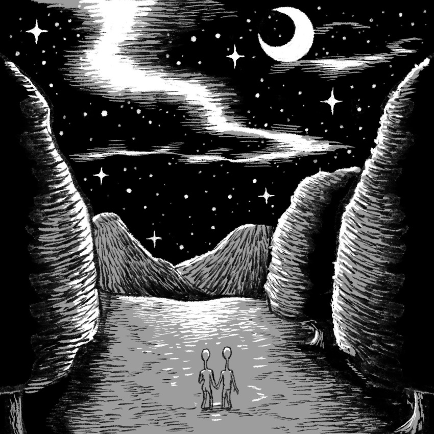 2others, alien, commentary_request, crescent_moon, greyscale, highres, holding_hands, imamura_takaya
