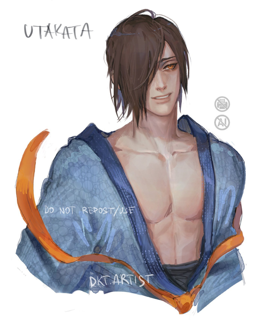 1boy, artist_name, artistdkt, brown_hair, character_name, collarbone, hair_over_one_eye, highres
