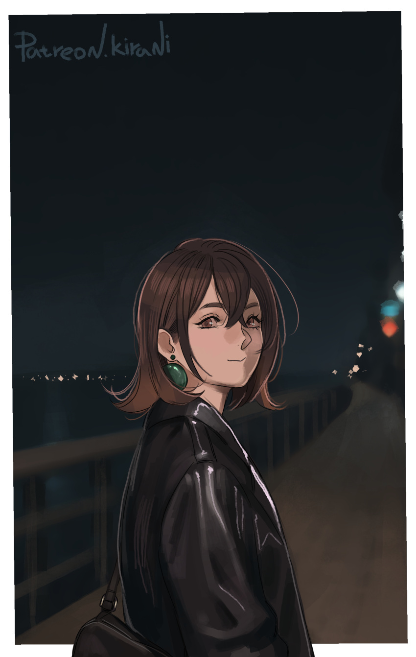 1girl, absurdres, ayase_momo, bag, black_jacket, brown_eyes, brown_hair, closed_mouth