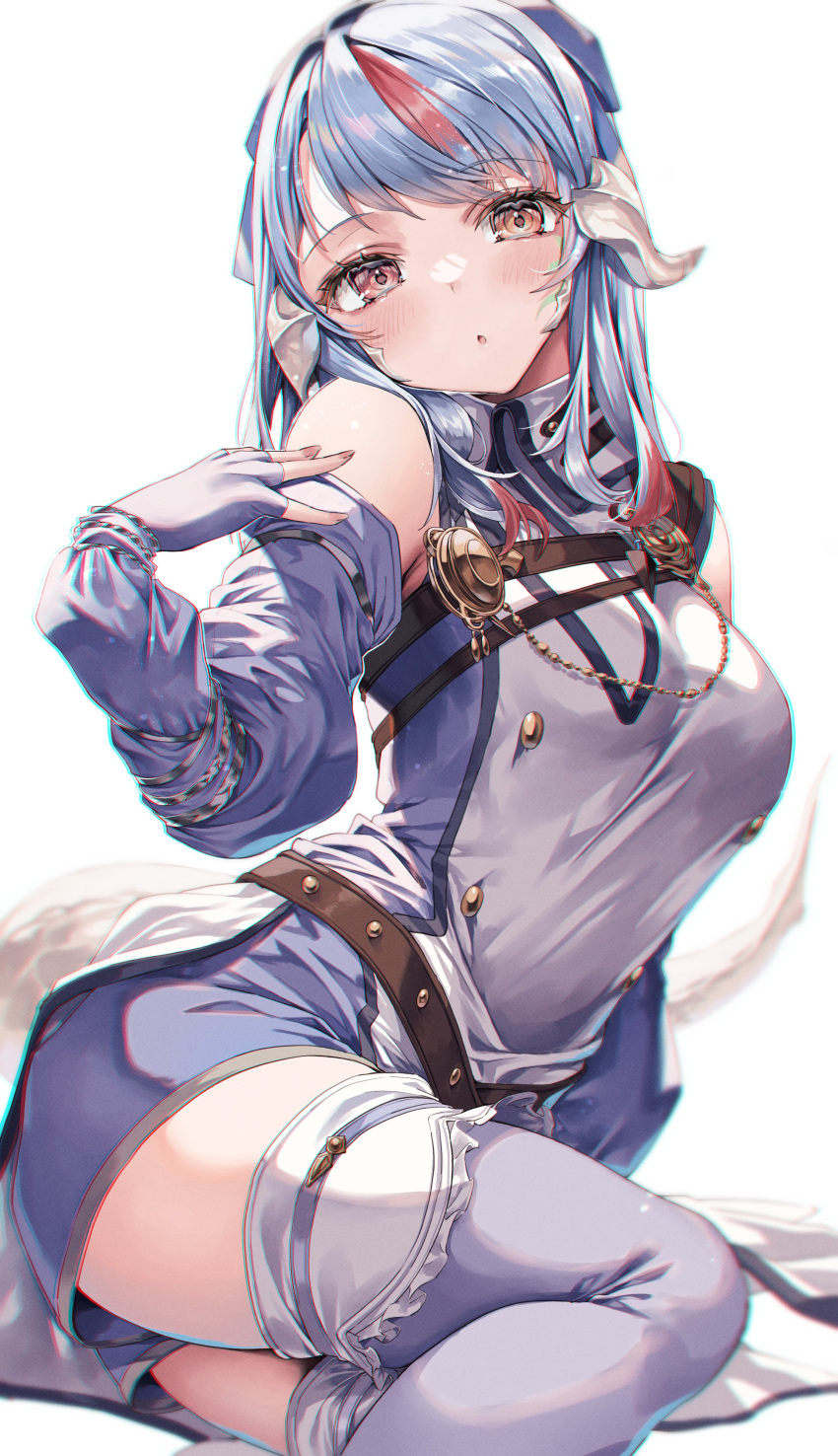 1girl, absurdres, au_ra, blue_coat, blue_hair, blue_shorts, blue_thighhighs, bow