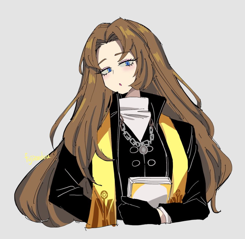 1girl, :o, black_coat, black_gloves, black_vest, blue_eyes, book, brown_hair