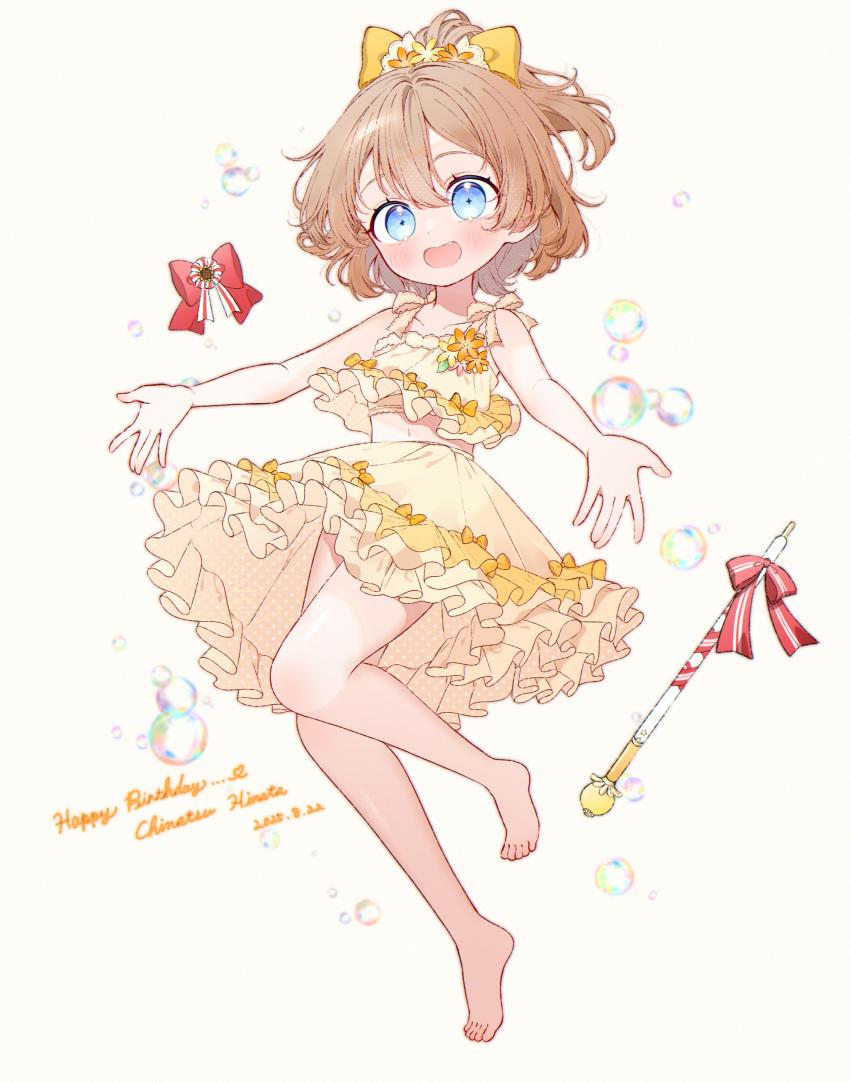 1girl, :d, absurdres, bare_arms, bare_shoulders, barefoot, blue_eyes, blush