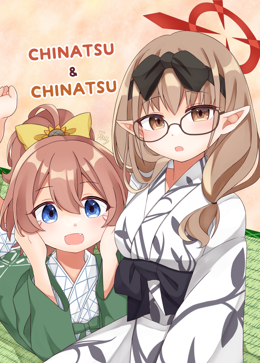 2girls, :d, ahoge, blue_archive, blue_eyes, blush, bow, brown_eyes