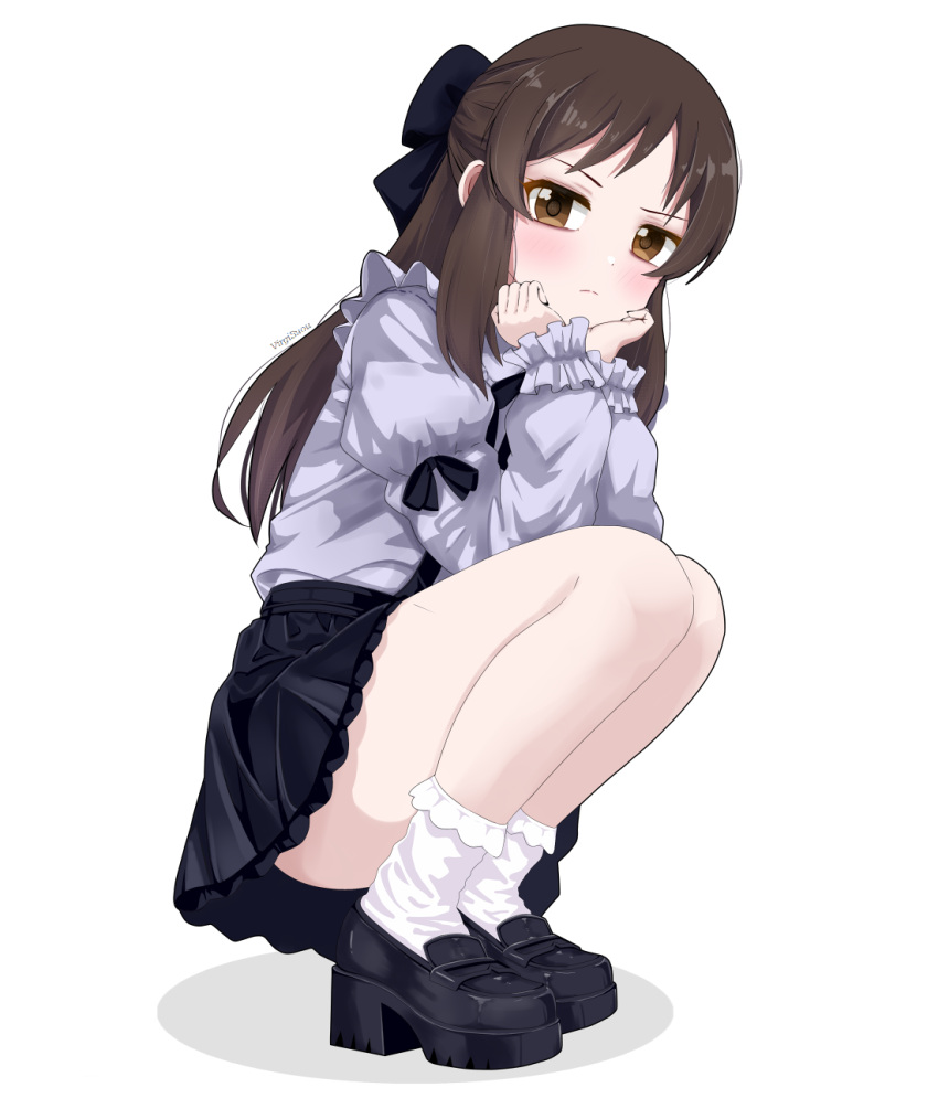 1girl, black_shoes, black_skirt, brown_hair, child, grey_shirt, high_heels, highres, idolmaster, idolmaster_cinderella_girls, idolmaster_cinderella_girls_u149, knees, long_hair, long_sleeves, shirt, shoes, skirt, socks, solo, squatting, tachibana_arisu, thighs, thighw, virgi_kemplang, white_socks