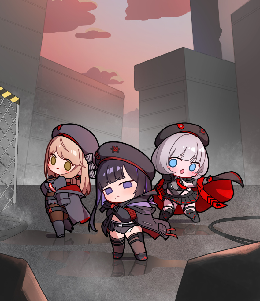 3girls, absolute_(nikke), absurdres, armband, black_gloves, black_hair, black_jacket, black_skirt