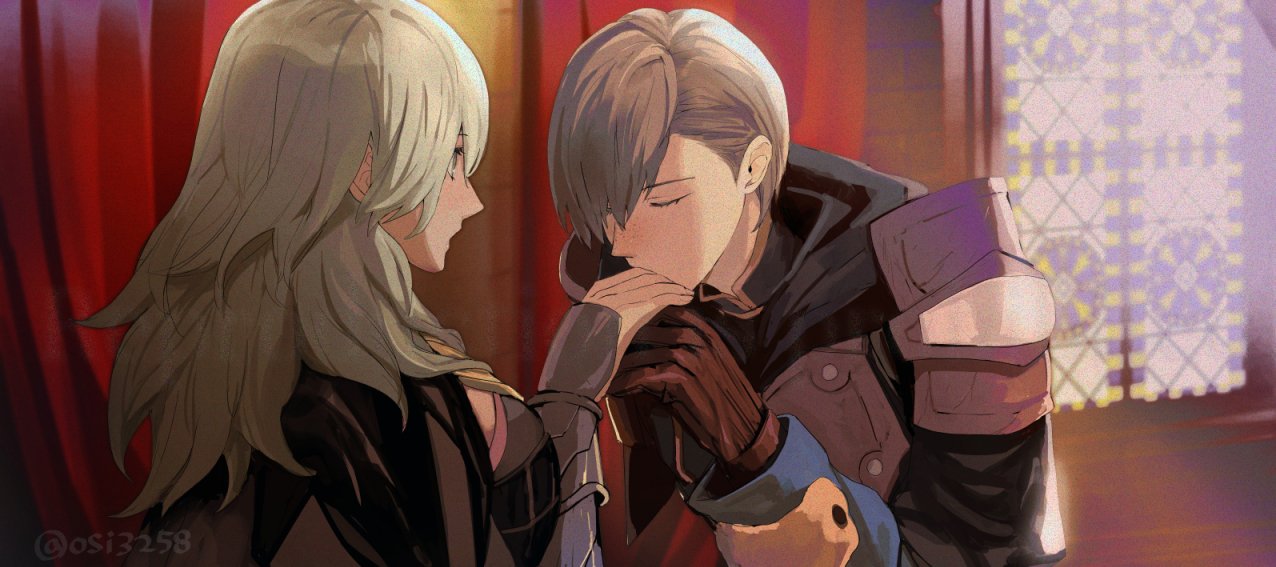 1boy, 1girl, ashe_ubert, ashe_ubert_(timeskip), breasts, brown_gloves, closed_eyes, female_byleth_(enlightened)_(fire_emblem)