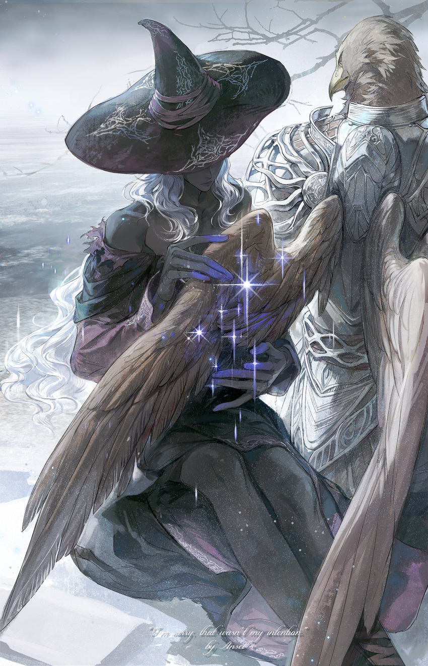 1boy, 1girl, absurdres, animal_head, armor, bare_tree, beak, bird_boy