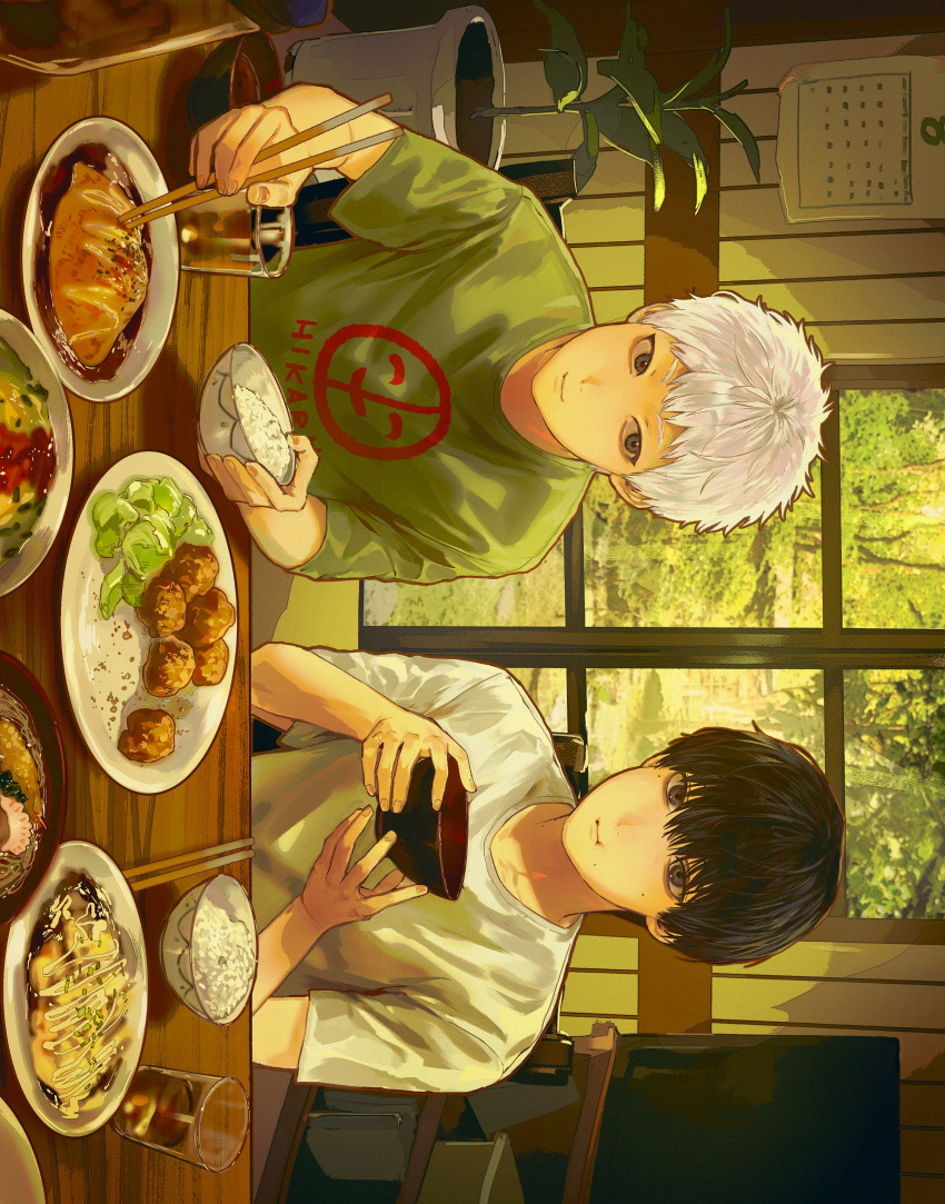 2boys, absurdres, alternate_costume, black_hair, bowl, calendar_(object), carl_4, character_name