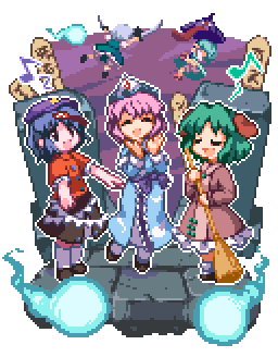 animal_ears, broom, dual_wielding, geung_si, green_hair, hat, hitodama, jiangshi
