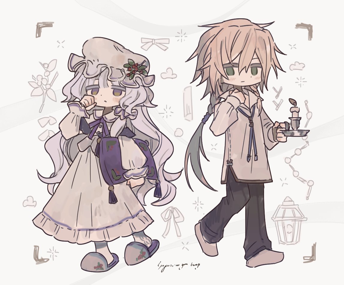 1boy, 1girl, candle, chibi, hat, holding, holding_candle, loiscneach_(mabinogi), long_hair, long_skirt, mabinogi, mob_cap, pillow, rowan_(mabinogi), skirt, sleepwear, slippers, vava_ne