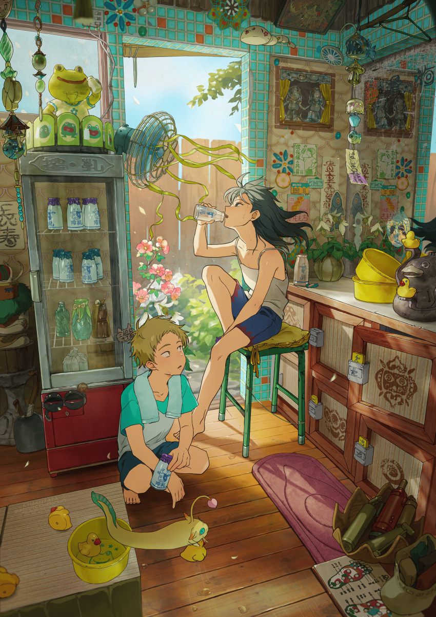 1boy, 1girl, absurdly_detailed_composition, absurdres, arm_between_legs, artist_name, barefoot, black_hair
