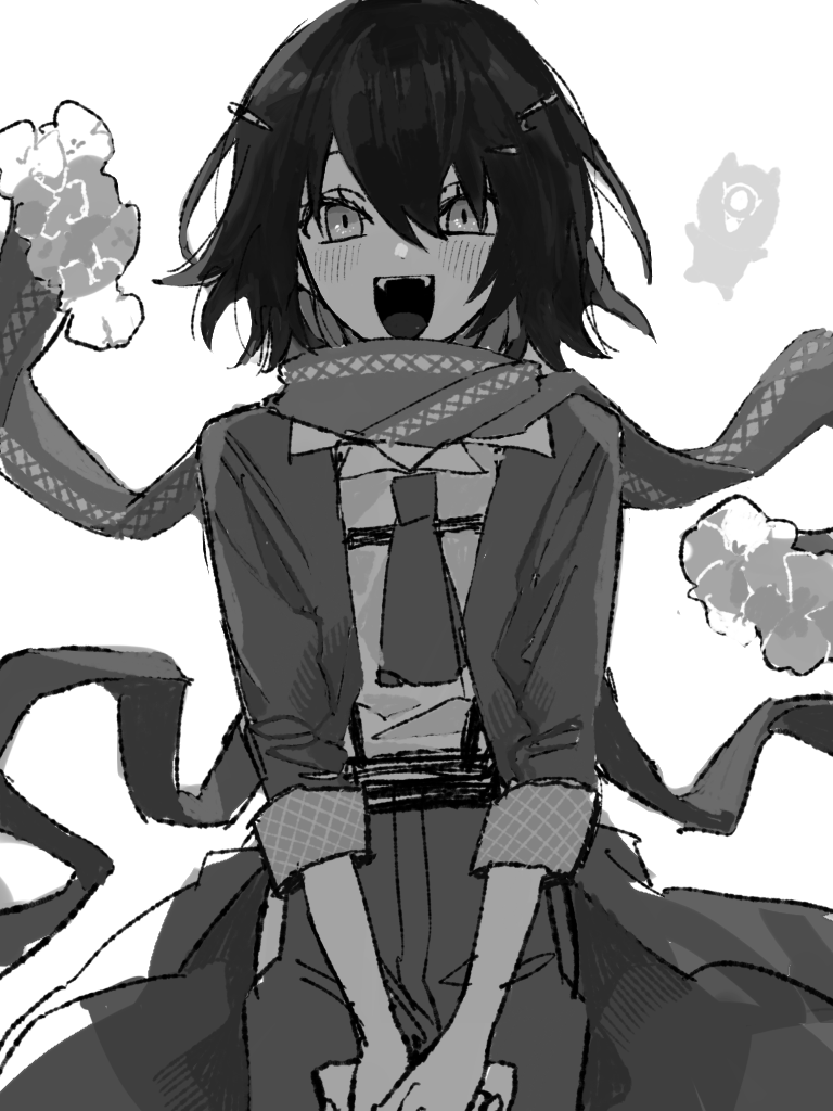1boy, :d, coat, collared_shirt, fangs, goringo2828, greyscale, looking_at_viewer, male_focus, mashiro_meme, mashiro_meme_(1st_costume), monochrome, necktie, nijisanji, open_mouth, pants, safety_pin_hair_ornament, scarf, shirt, short_hair, simple_background, smile, solo, suspenders, teeth, two_side_up, upper_teeth_only, virtual_youtuber, white_background