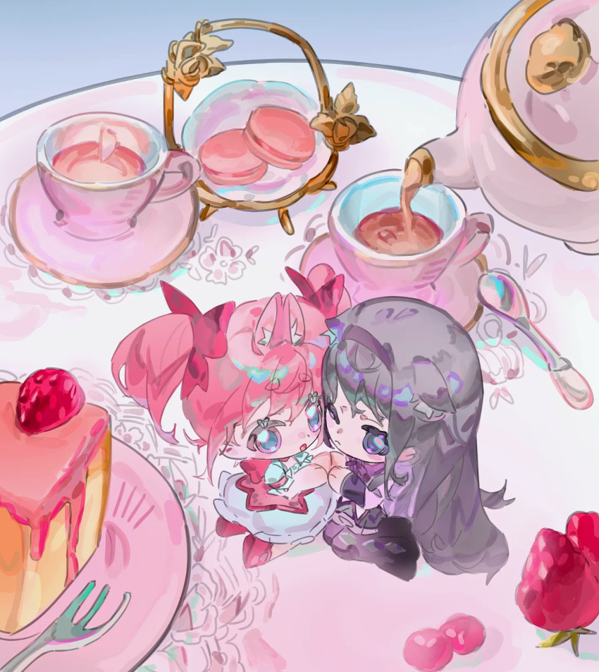 2girls, akemi_homura, animal_ear_fluff, animal_ears, annoyed, argyle_clothes, argyle_footwear, bare_arms, black_boots, black_hair, black_hairband, black_skirt, boots, bow, bow_choker, bowtie, bubble_skirt, cake, cake_slice, capelet, chibi, choker, circle_skirt, commentary, cup, dog_ears, dot_nose, dress, english_commentary, extra_ears, eyelashes, floppy_ears, food, fork, frilled_dress, frilled_skirt, frilled_sleeves, frills, fruit, hair_bow, hair_spread_out, hairband, happy, heads_together, highres, holding_hands, kaname_madoka, kemonomimi_mode, kneeling, krabiccus, layered_sleeves, long_hair, long_sleeves, macaron, magical_girl, mahou_shoujo_madoka_magica, mahou_shoujo_madoka_magica_(anime), mary_janes, mini_person, minigirl, miniskirt, multiple_girls, no_gloves, on_table, one_eye_closed, open_mouth, pink_bow, pink_choker, pink_dress, pink_eyes, pink_hair, pink_shoes, pleated_skirt, pouring, puffy_short_sleeves, puffy_sleeves, purple_bow, purple_bowtie, purple_capelet, rabbit_ears, raspberry, saucer, shoes, short_dress, short_hair, short_sleeves, short_twintails, skirt, skirt_under_dress, smile, straight_hair, strawberry, table, tea, teacup, teapot, teaspoon, thigh_boots, twintails, very_long_hair, violet_eyes, white_dress, white_skirt, white_sleeves