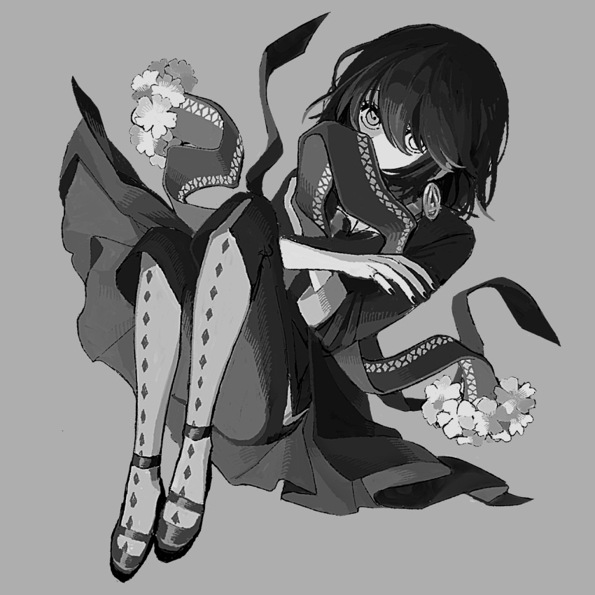 1boy, coat, covered_mouth, full_body, goringo2828, grey_background, greyscale, highres, looking_at_viewer, male_focus, mashiro_meme, mashiro_meme_(1st_costume), monochrome, nail_polish, nijisanji, pants, pantyhose, safety_pin_hair_ornament, scarf, shoes, short_hair, simple_background, solo, two_side_up, virtual_youtuber