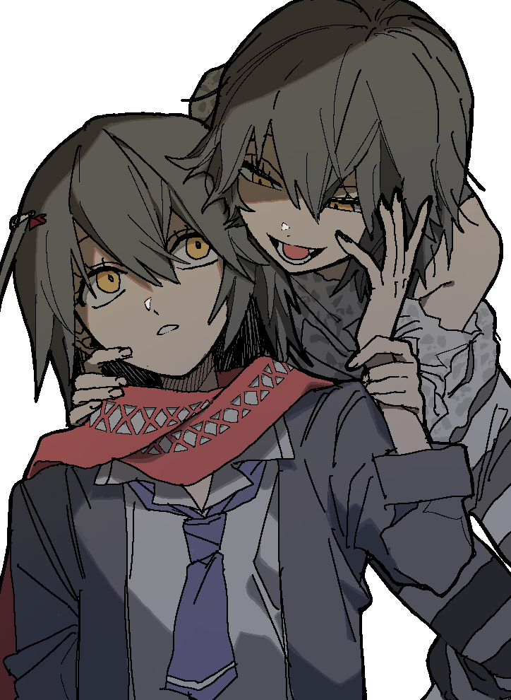 2boys, black_hair, collared_shirt, dual_persona, goringo2828, hair_between_eyes, holding_another's_wrist, looking_at_another
