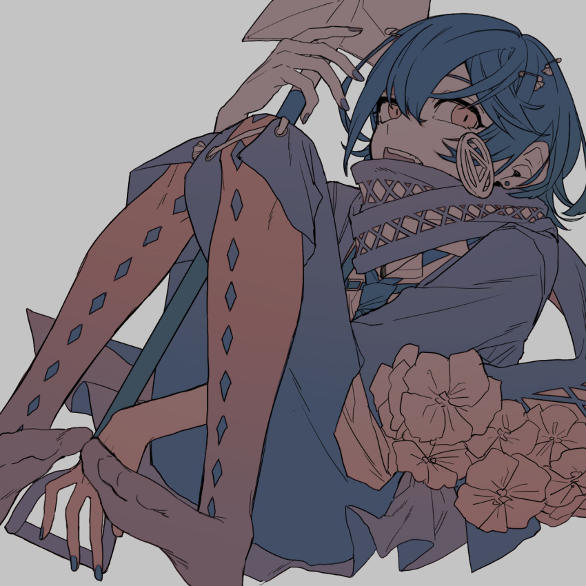 1boy, black_hair, coat, earrings, flat_color, flower, full_body, goringo2828