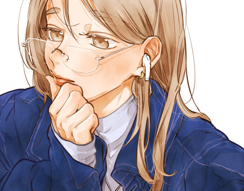 1girl, blue_jacket, blush, brown_eyes, brown_hair, closed_mouth, commentary_request, denim