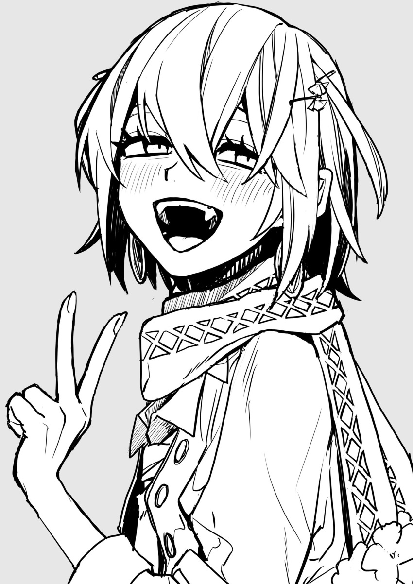 1boy, blush, coat, eyelashes, fangs, goringo2828, grey_background, greyscale