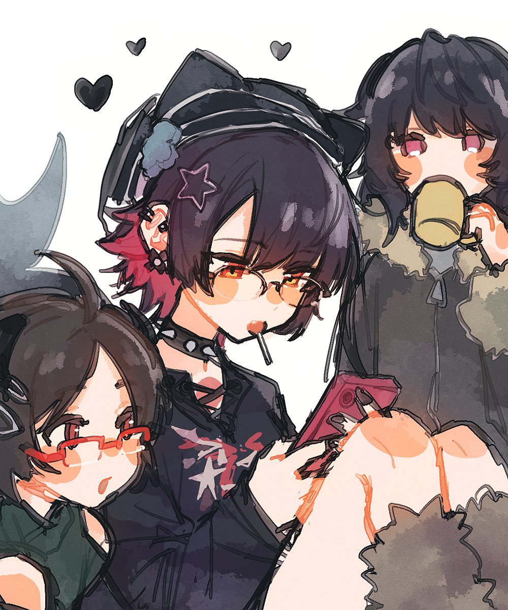 3girls, ahoge, bespectacled, black_hair, black_hat, blush, cellphone, choker