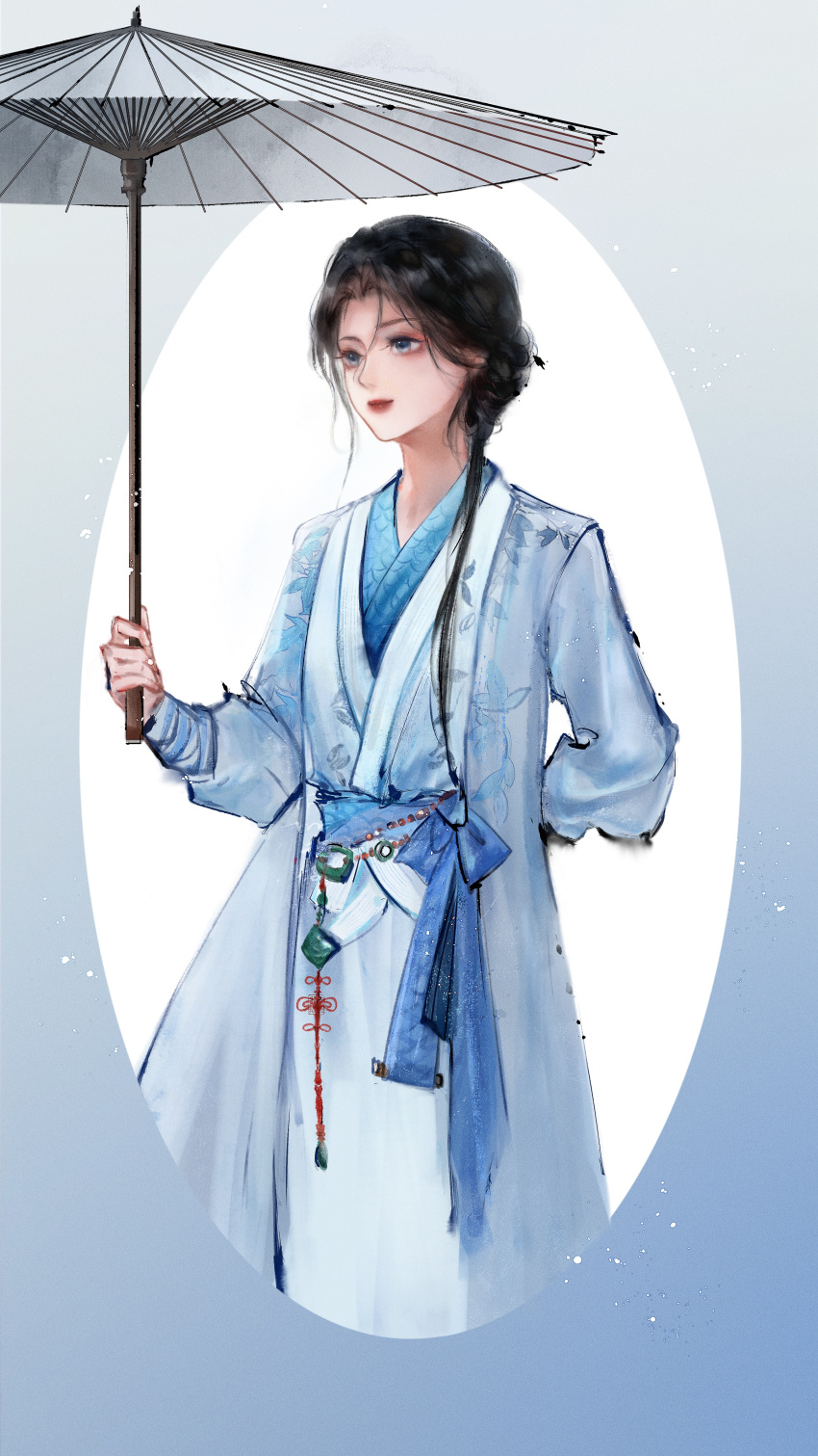 1girl, absurdres, arm_behind_back, bamboo_print, black_hair, blue_border, blue_bow, blue_eyes