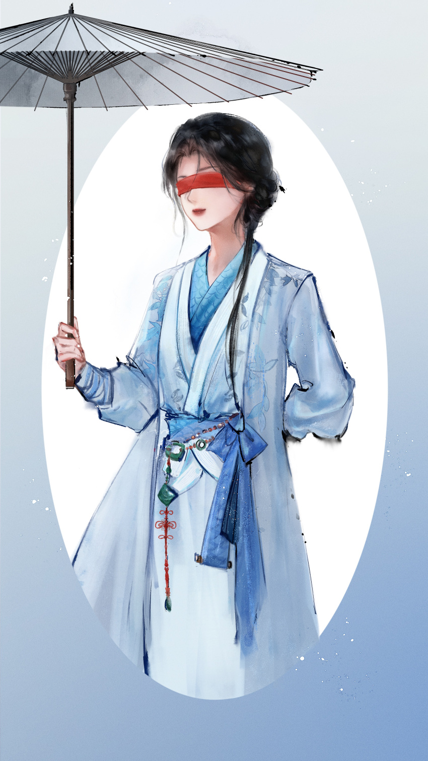 1girl, absurdres, arm_behind_back, bamboo_print, black_hair, blindfold, blue_border, blue_bow