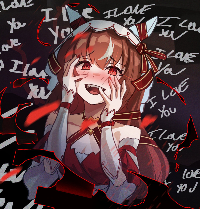 animal_ears, breasts, brown_hair, collarbone, ear_covers, english_text, hair_between_eyes, hair_ornament