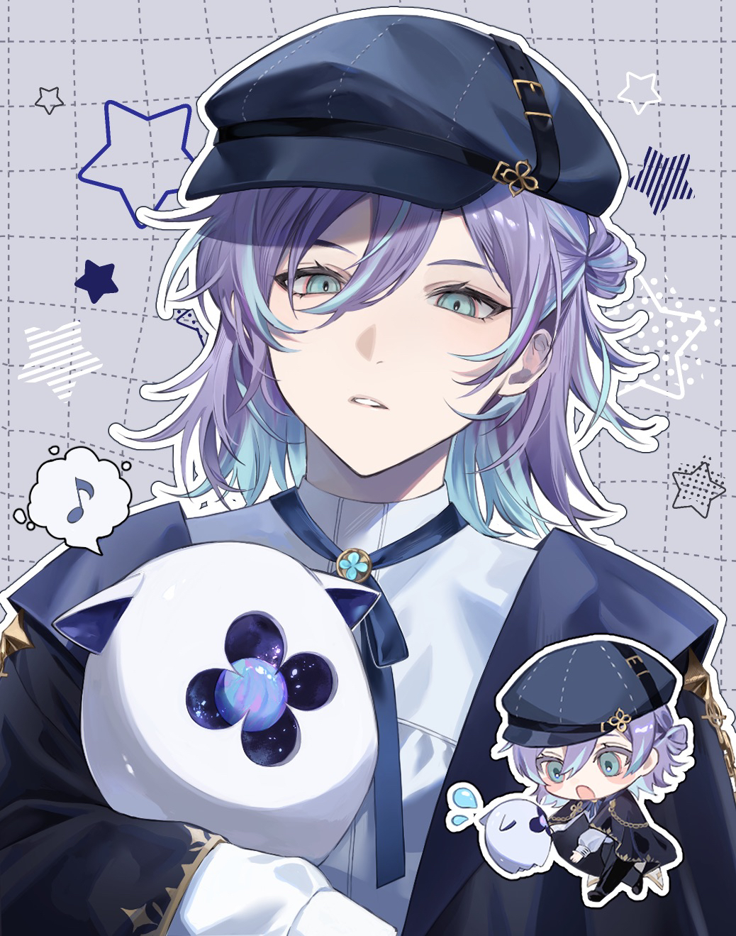 1boy, 6rxeo, aqua_eyes, blue_hair, chibi, chibi_inset, commentary_request, eyelashes, girly_boy, grid_background, hair_between_eyes, highres, hoshirube_sho, hoshirube_sho_(2nd_costume), long_sleeves, looking_at_viewer, male_focus, medium_hair, multicolored_hair, musical_note, nijisanji, otomo_(hoshirube_sho), purple_hair, solo, spoken_musical_note, star_(symbol), streaked_hair, upper_body, virtual_youtuber