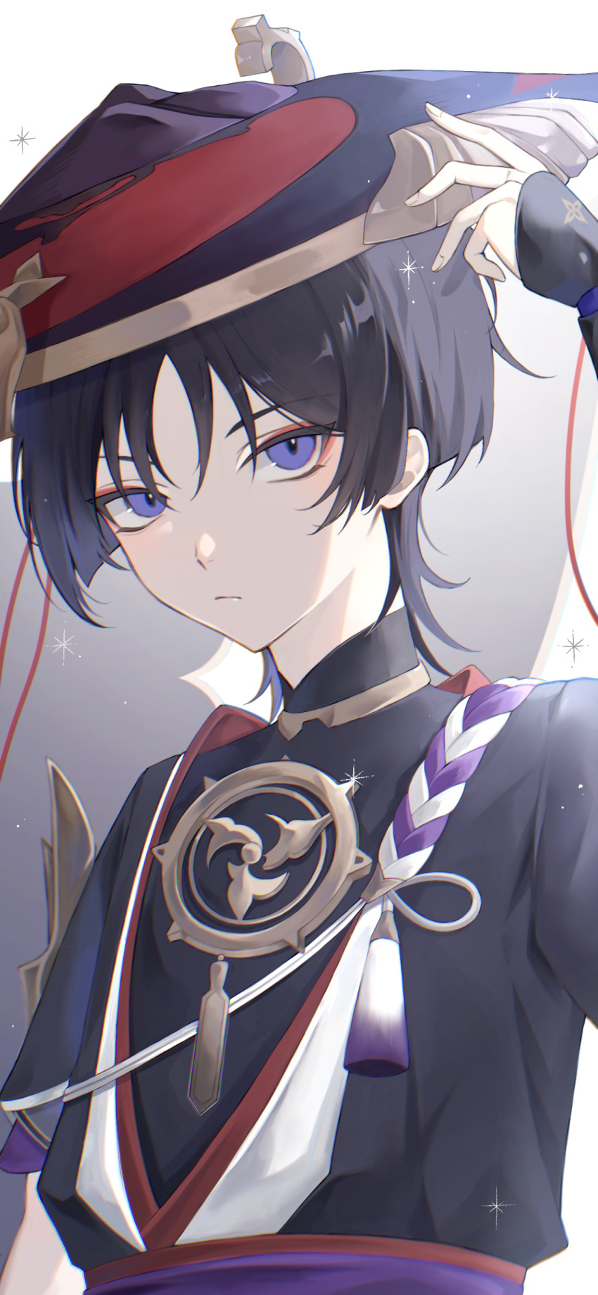 1boy, 6rxeo, absurdres, blunt_ends, closed_mouth, commentary_request, eyeliner, genshin_impact