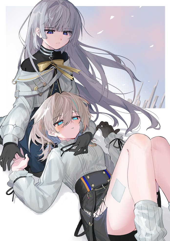 2girls, :o, angel_wings, arcaea, banananoyabatan, bandage_on_face, bandages, bandaid