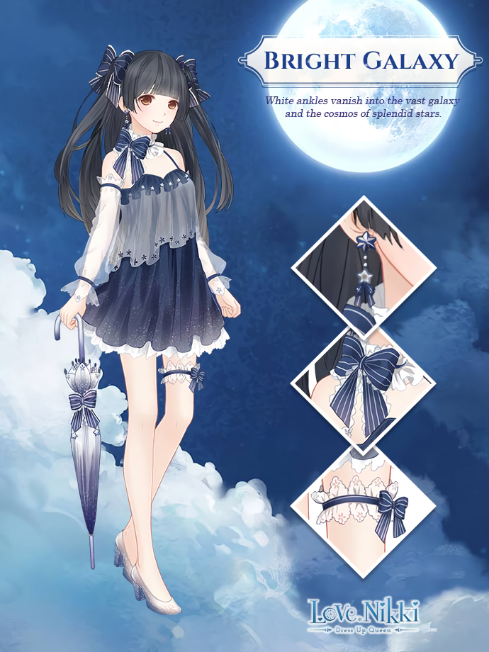 1girl, artist_request, bare_legs, bare_shoulders, black_hair, blue_bow, blue_bowtie, blue_choker, blue_dress, blue_umbrella, blunt_bangs, bow, bow_choker, bow_legwear, bowtie, bright_galaxy_(miracle_nikki), brown_eyes, character_name, choker, close-up, closed_mouth, closed_umbrella, clouds, copyright_name, detached_sleeves, dress, earrings, english_text, eyelashes, frilled_choker, frilled_dress, frilled_sleeves, frilled_thigh_strap, frills, full_body, full_moon, glitter, hair_bow, happy, high_heels, holding, holding_umbrella, jewelry, logo, long_hair, long_sleeves, miracle_nikki, moon, night, night_sky, nikki_(series), official_art, outdoors, parasol, pleated_dress, puffy_long_sleeves, puffy_sleeves, see-through_clothes, see-through_sleeves, shoes, short_dress, sky, sleeveless, sleeveless_dress, smile, solo, spaghetti_strap, standing, striped_bow, striped_bowtie, striped_clothes, thigh_strap, two_side_up, umbrella, umbrella_bow, white_shoes, white_sleeves