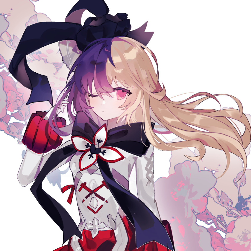1girl, arcaea, black_bow, black_bowtie, black_hair, black_ribbon, blonde_hair, bow
