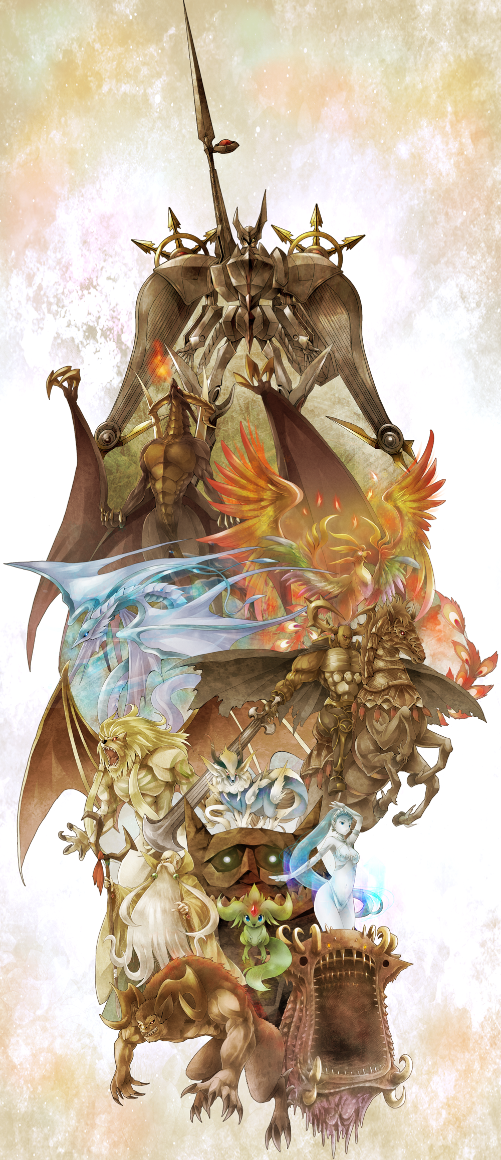 absurdres, ark_(final_fantasy_ix), atomos, bad_id, bahamut, bird, carbuncle, character_request, fenrir, final_fantasy, final_fantasy_ix, grevier, highres, ifrit_(final_fantasy), leviathan_(final_fantasy), maduin_(final_fantasy), michii_yuuki, odin_(final_fantasy), pheonix_(final_fantasy), phoenix, ramuh, shiva_(final_fantasy), sleipnir