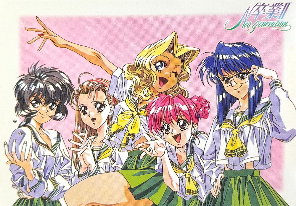 1990s_(style), 5girls, arm_up, black_eyes, black_hair, blonde_hair, blue_eyes, blue_hair