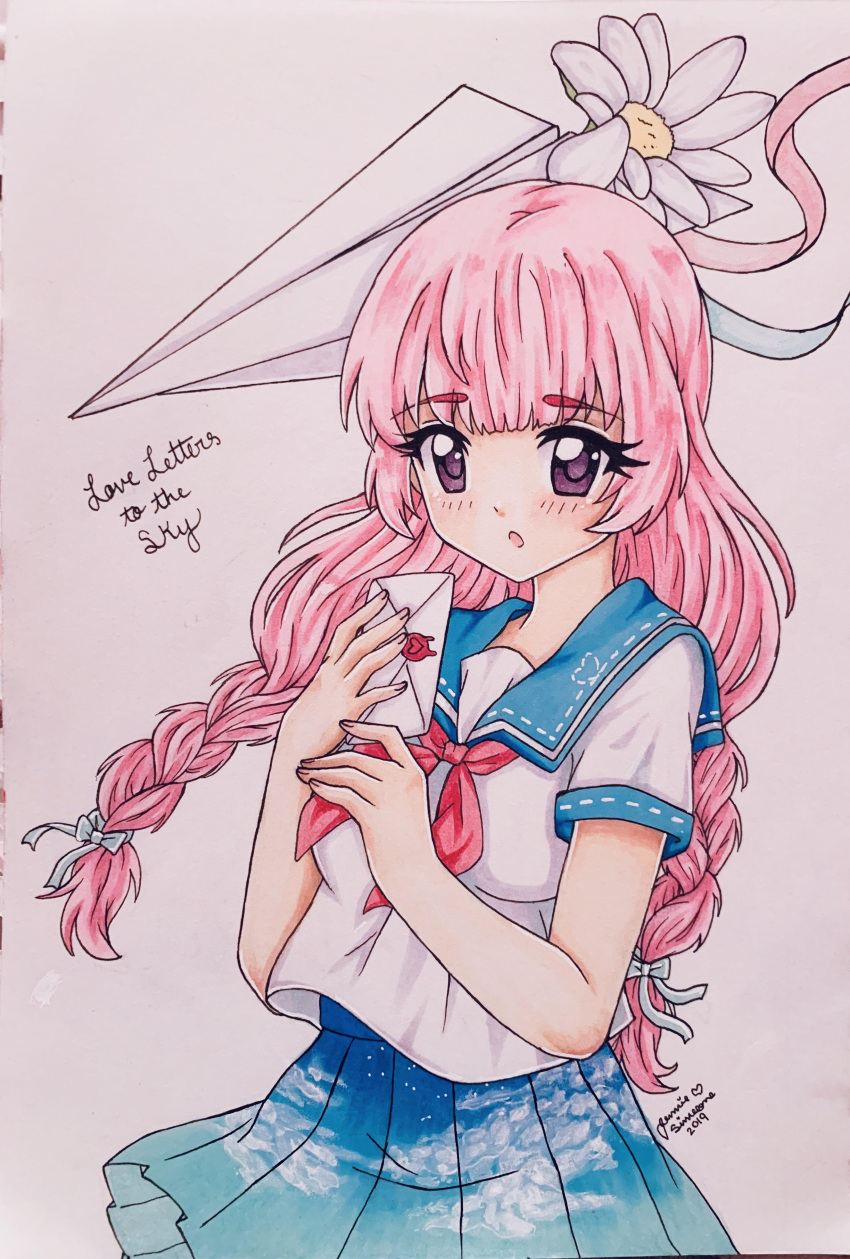 1girl, 2019, :o, absurdres, bare_arms, blue_bow, blue_sailor_collar, blue_skirt