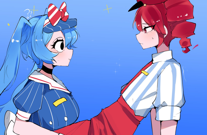 2girls, aqua_hair, black_choker, black_eyes, blue_background, blue_dress, blue_hat, blush, bow, choker, collared_shirt, dress, drill_hair, gradient_background, hat, hat_bow, hatsune_miku, highres, hoshoidk, kasane_teto, long_hair, meme, mesmerizer_(vocaloid), multiple_girls, necktie, pants, pinstripe_dress, pinstripe_hat, pinstripe_pattern, profile, puffy_short_sleeves, puffy_sleeves, red_eyes, red_hair, red_hat, red_necktie, red_pants, shirt, shirt_tucked_in, short_sleeves, sparkle, striped_bow, striped_clothes, striped_shirt, sweatdrop, the_tiktok_incident_(meme), twin_drills, twintails, utau, visor_cap, vocaloid