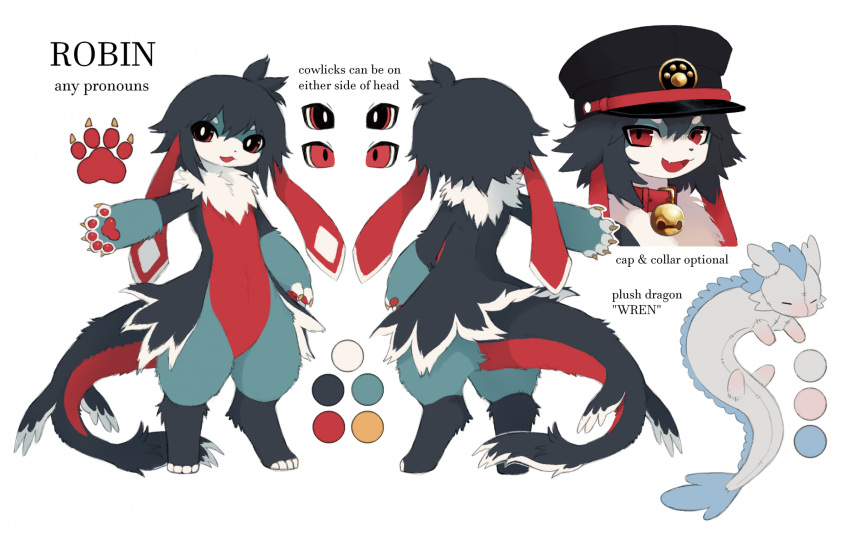 1other, animal_ears, animal_feet, animal_hands, bell, black_hat, blue_fur, blue_hair