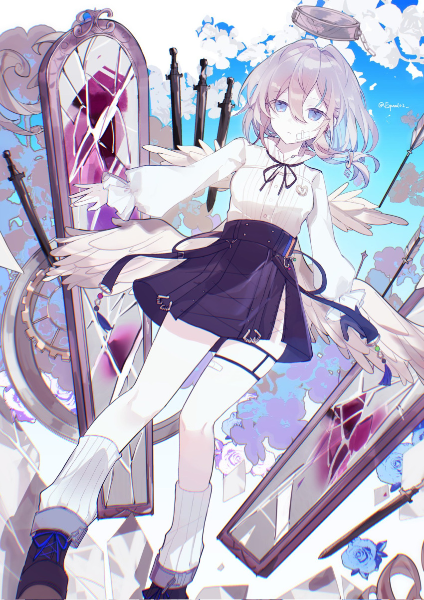 1girl, angel_wings, arcaea, bandage_on_face, bandages, bandaid, bandaid_on_face, belt