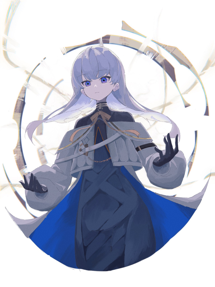 1girl, arcaea, black_dress, black_gloves, black_pantyhose, bow, chain, dress, dress_shirt, earrings, expressionless, floating_hair, gloves, hair_between_eyes, highres, insight_(arcaea), insight_(designant)_(arcaea), jewelry, long_sleeves, p60k3, pantyhose, shirt, solo, two-tone_dress, upper_body, violet_eyes, white_background, white_hair, white_shirt, yellow_bow