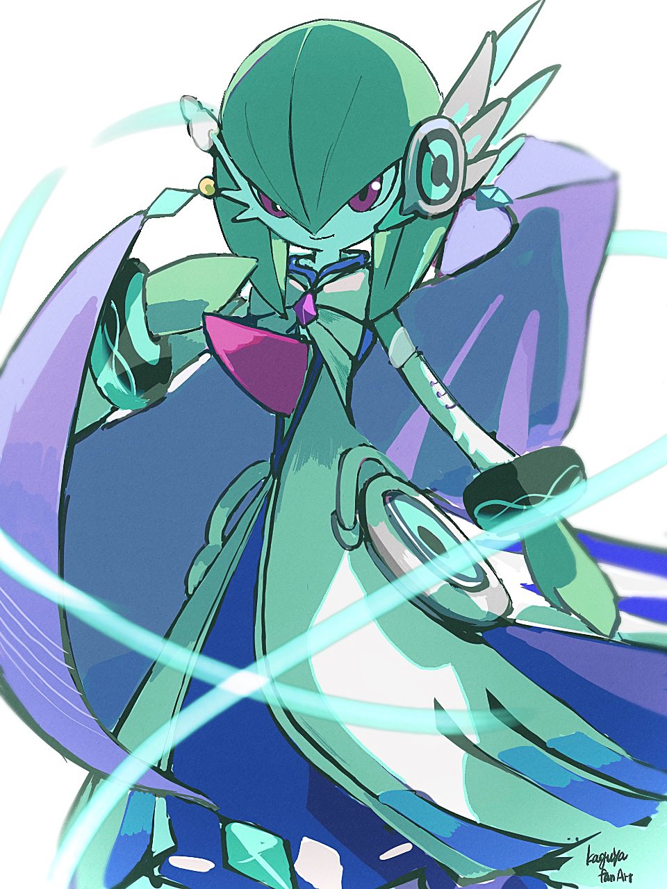 1girl, artist_name, bob_cut, colored_skin, detached_sleeves, dress, gardevoir, gardevoir_(songstress)