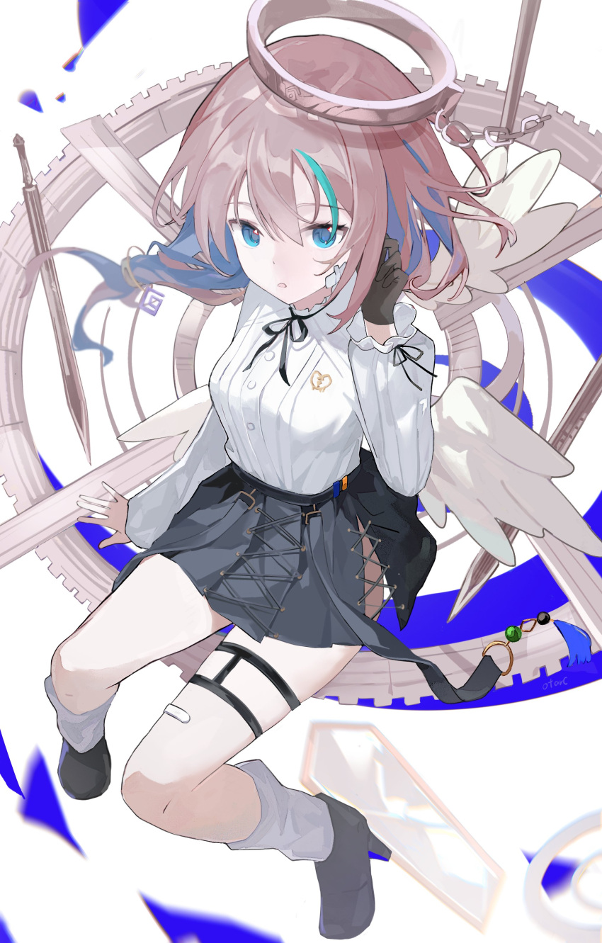 1girl, absurdres, angel_wings, arcaea, ass_cutout, bandage_on_face, bandages, bandaid