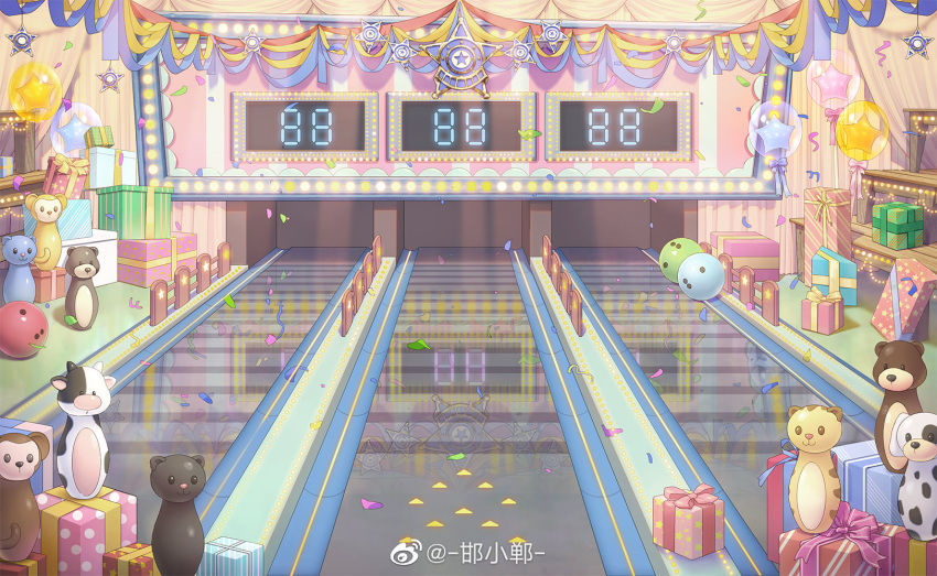 ball, balloon, bowling_alley, bowling_ball, bowling_pin, box, confetti, fence