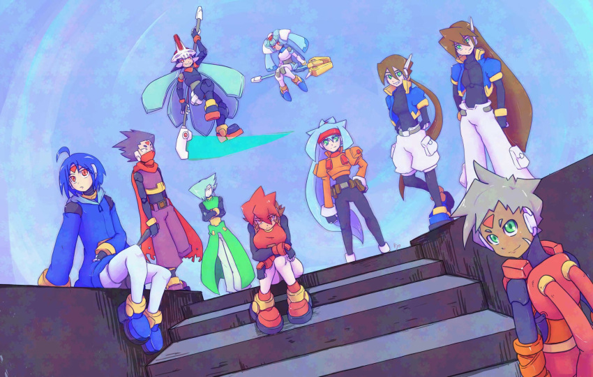 4girls, 6+boys, aeolus_(mega_man), aile_(mega_man_zx), armor, ashe_(mega_man), atlas_(mega_man), black_bodysuit
