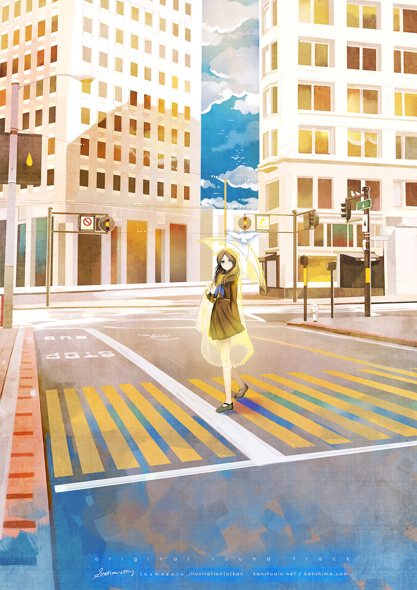 brown_hair, cityscape, crosswalk, highres, kaninn, long_hair, long_sleeves, neckerchief, original, raincoat, school_uniform, serafuku, skirt, solo, traffic_light, transparent, umbrella, zebra_crossing
