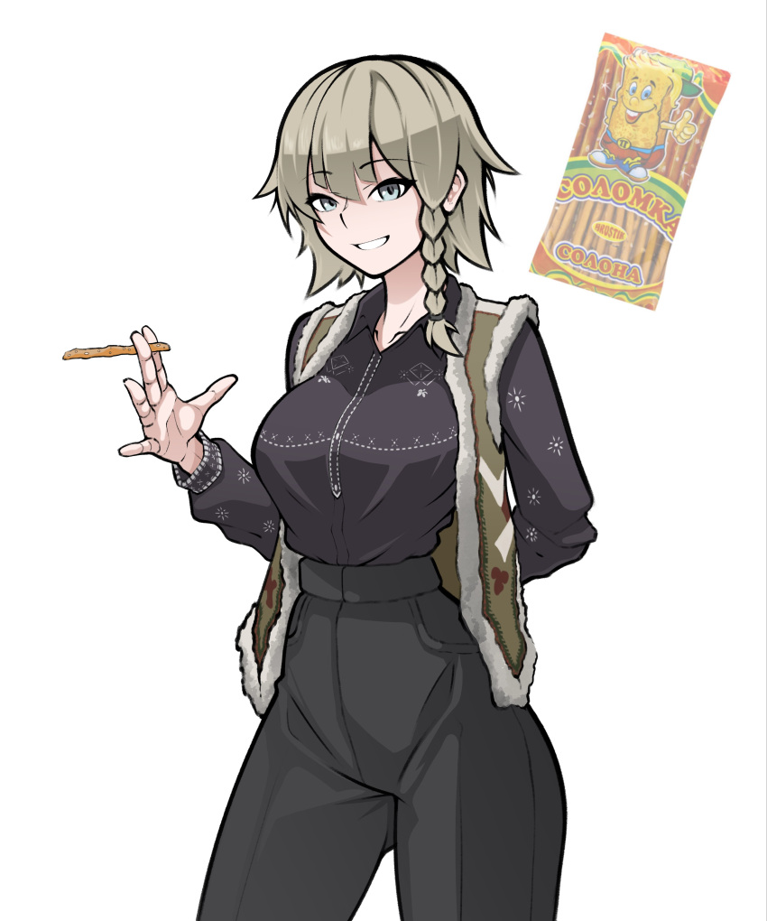 1girl, absurdres, arbor_spirit, arm_behind_back, asymmetrical_sidelocks, black_shirt, blonde_hair, blue_eyes